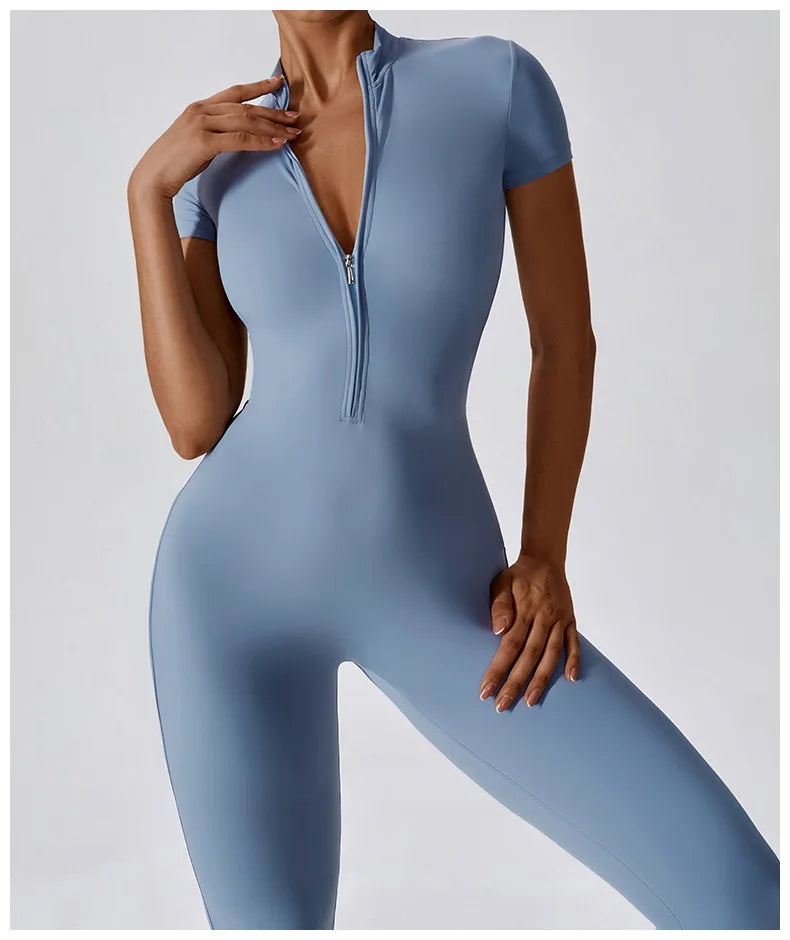 Tracksuit One-Piece Zipper Short Sleeve  Jumpsuits