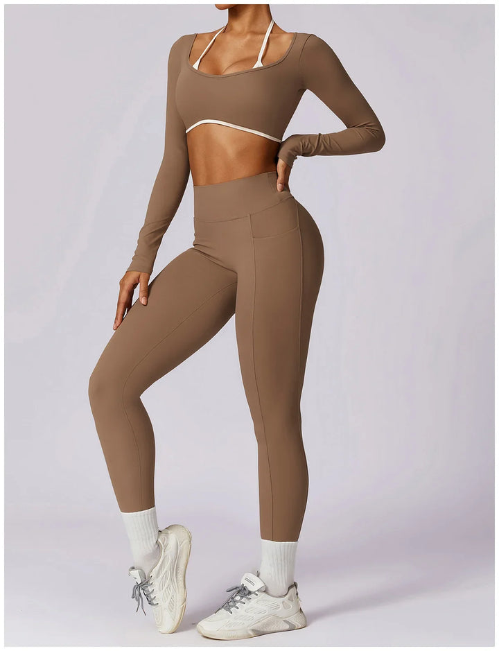 Tracksuit Push Up Long Sleeve Crop Top With hight Waist Leggings 2PCS Set