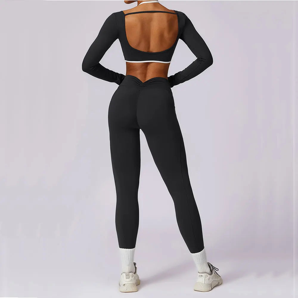 Tracksuit Push Up Long Sleeve Crop Top With hight Waist Leggings 2PCS Set