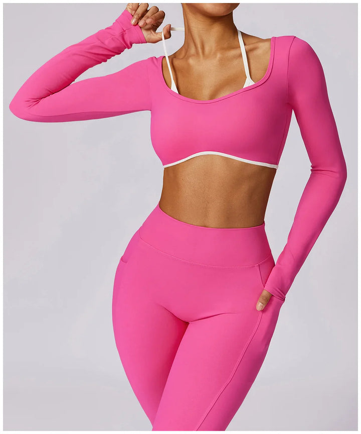 Tracksuit Push Up Long Sleeve Crop Top With hight Waist Leggings 2PCS Set